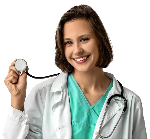 Doctora mostrando su estetoscopio en referencia a la disponibilidad del centro de contacto para soporte de Seguros Caracas
